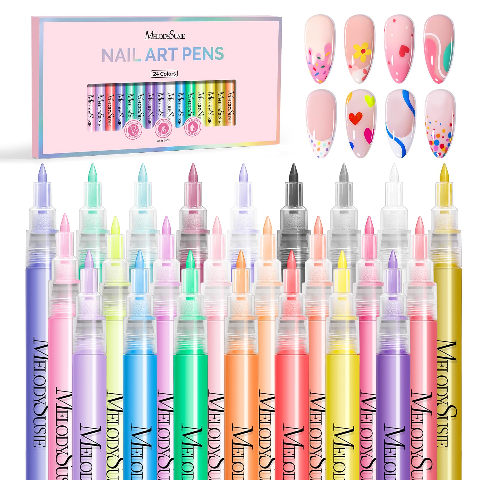 MelodySusie Nail Art Pens Set – 24 Colors, 0.7mm Fine Tip for Precise Nail Design | Salon & Home DIY
