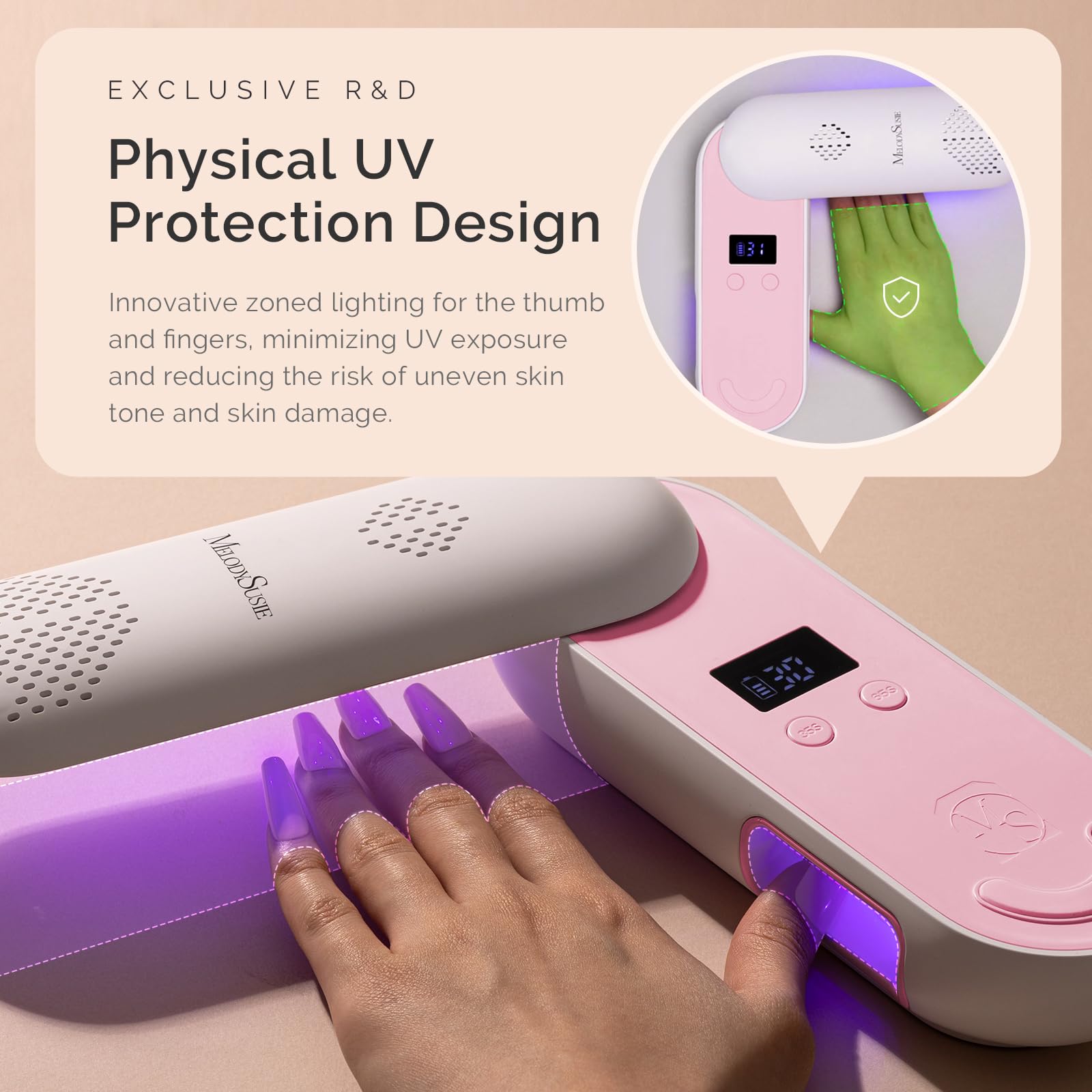 MelodySusie P-PLUS20F: Compact Cordless UV Nail Lamp with Rotatable Panel – 48W, Rechargeable, Pink