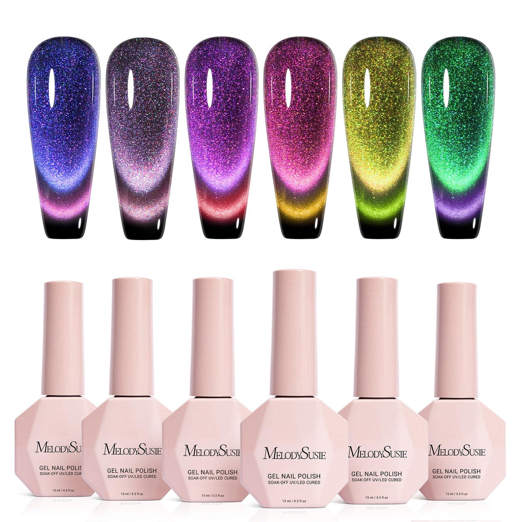 MelodySusie 9D Chameleon Cat Eye Gel Nail Polish Set – 6 x 15ml with Magnet
