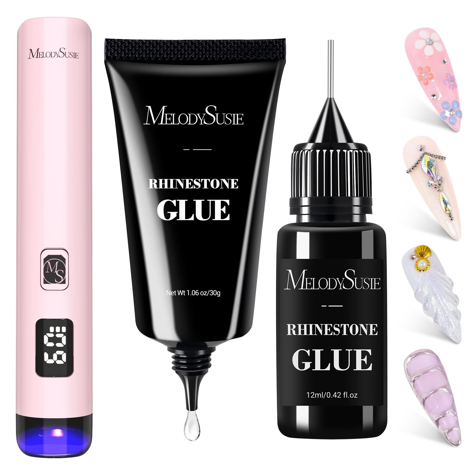 MelodySusie ART01R Handheld UV Light – Cordless Gel Nail Lamp + Rhinestone Glue Kit