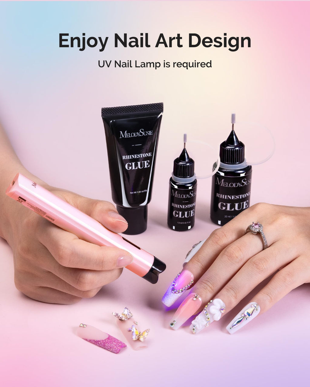 MelodySusie ART01R Handheld UV Light – Cordless Gel Nail Lamp + Rhinestone Glue Kit