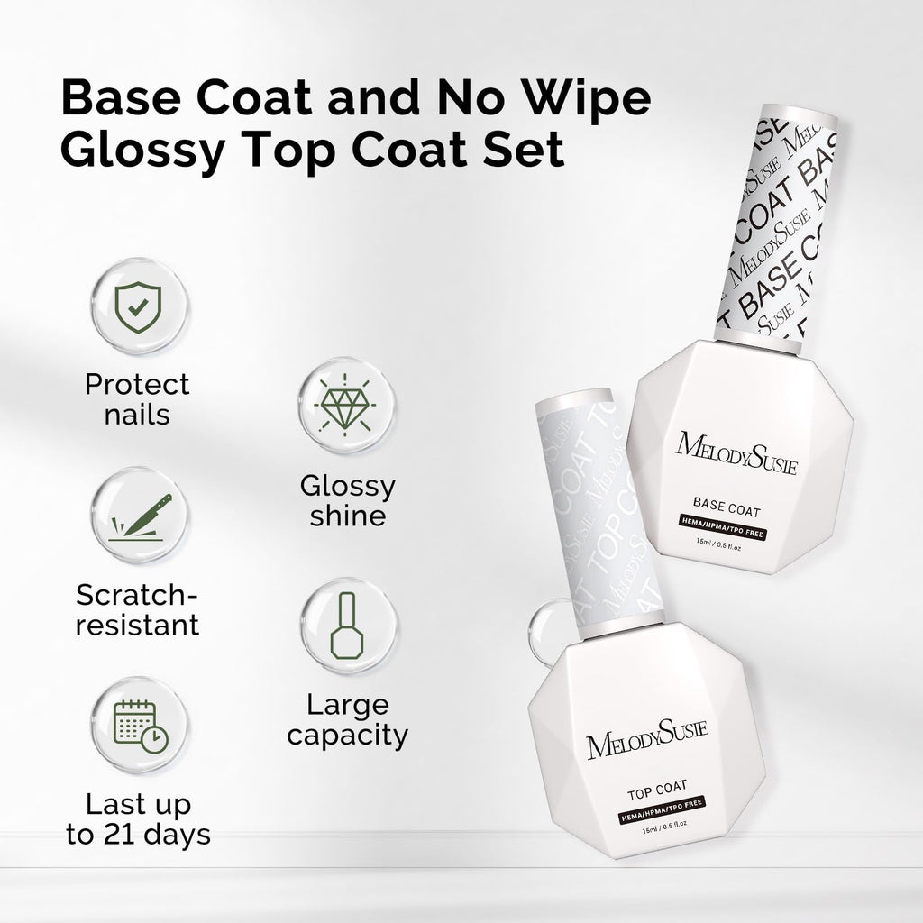 MelodySusie Hema Free Gel Base & Top Coat Set – No-Wipe Glossy Finish, 60-90s Cure, 21 Day Wear