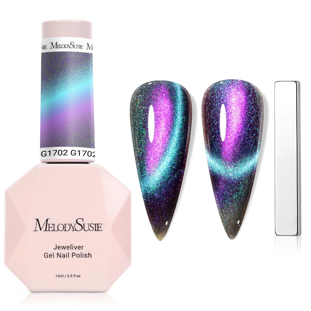 MelodySusie 9D Chameleon Cat Eye Gel Nail Polish with Magnet – Blue Glitter Holographic UV Gel, 0.5 Fl Oz