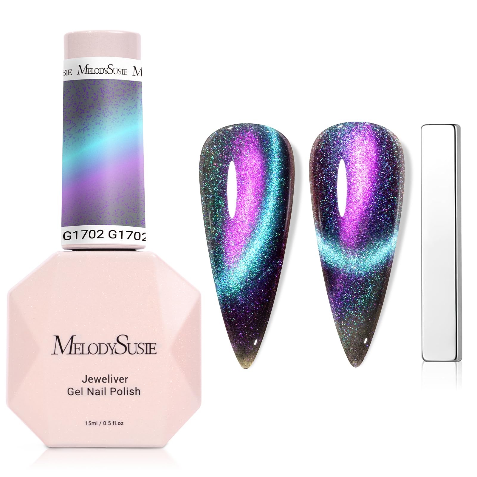MelodySusie 9D Chameleon Cat Eye Gel Nail Polish with Magnet – Blue Glitter Holographic UV Gel, 0.5 Fl Oz