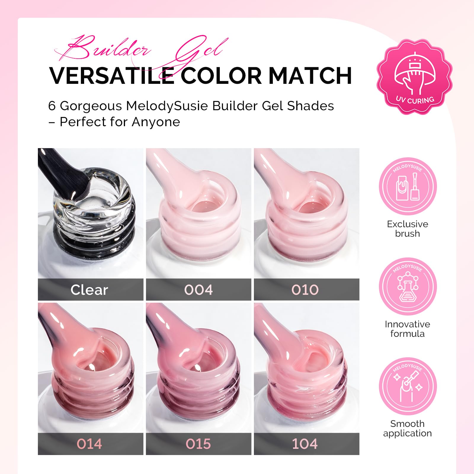 MelodySusie Builder Gel Nail Set – 6 Jelly Pink Gels, Thickening Base, UV/LED Cure
