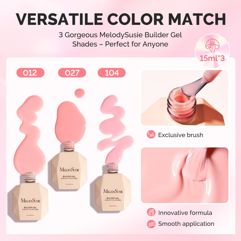 MelodySusie 3PCS 15ml Pink & Nude Builder Gel Set – Thickening Base Gel, Rhinestone Glue, UV/LED Cure for DIY Manicure