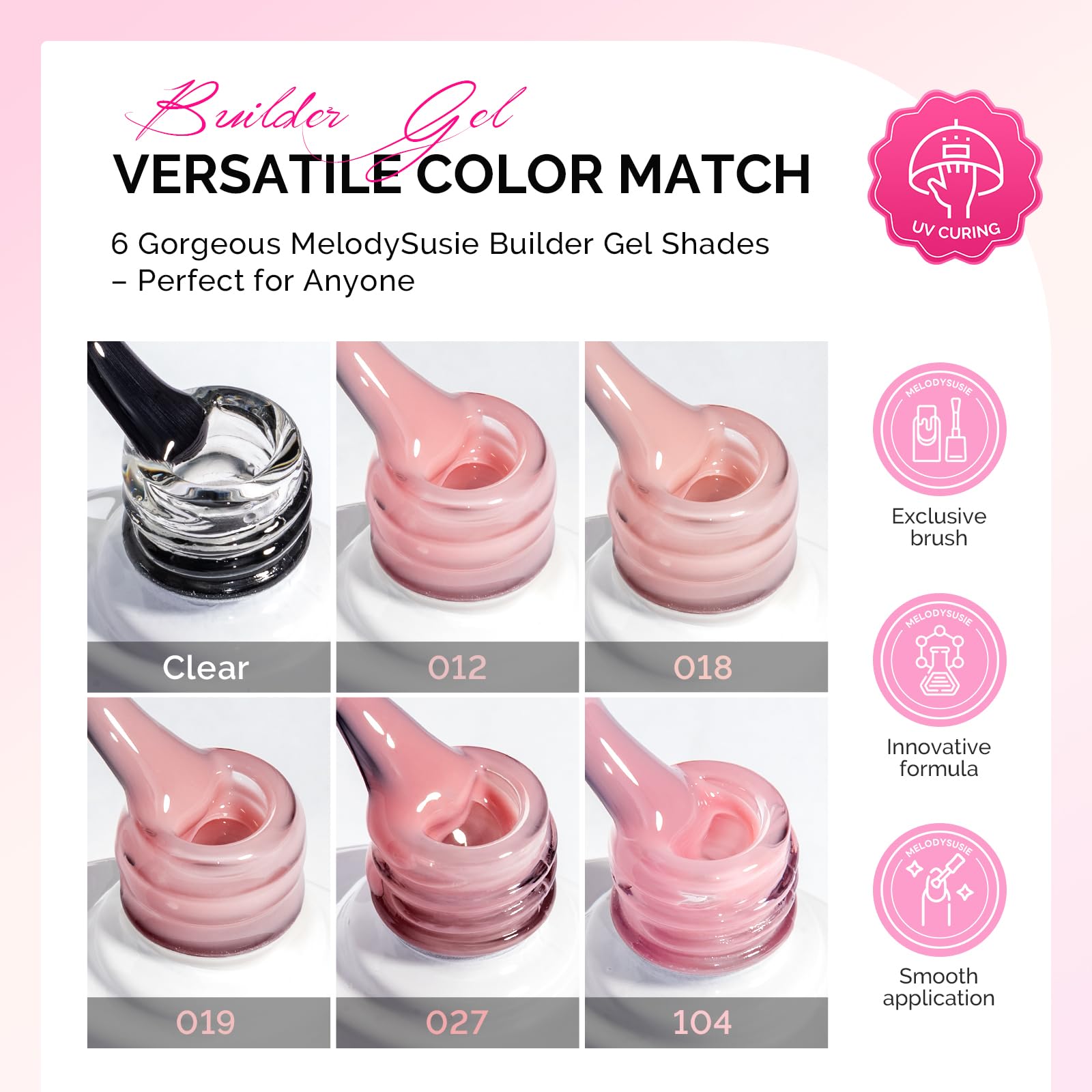 MelodySusie Builder Gel Nail Kit — 6 Nude Pink Thickening Gels, 8-in-1 Base Gel, UV/LED Cure