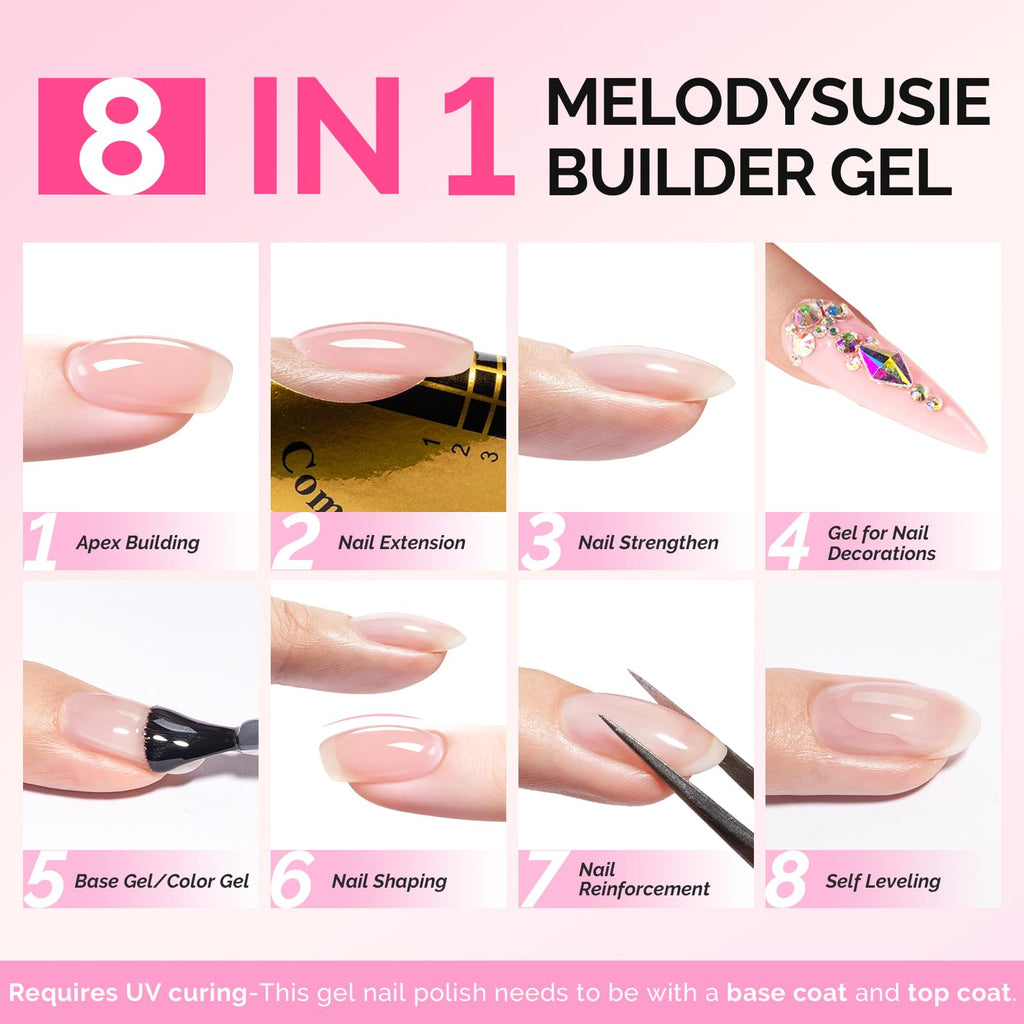 MelodySusie Builder Gel Nail Kit — 6 Nude Pink Thickening Gels, 8-in-1 Base Gel, UV/LED Cure