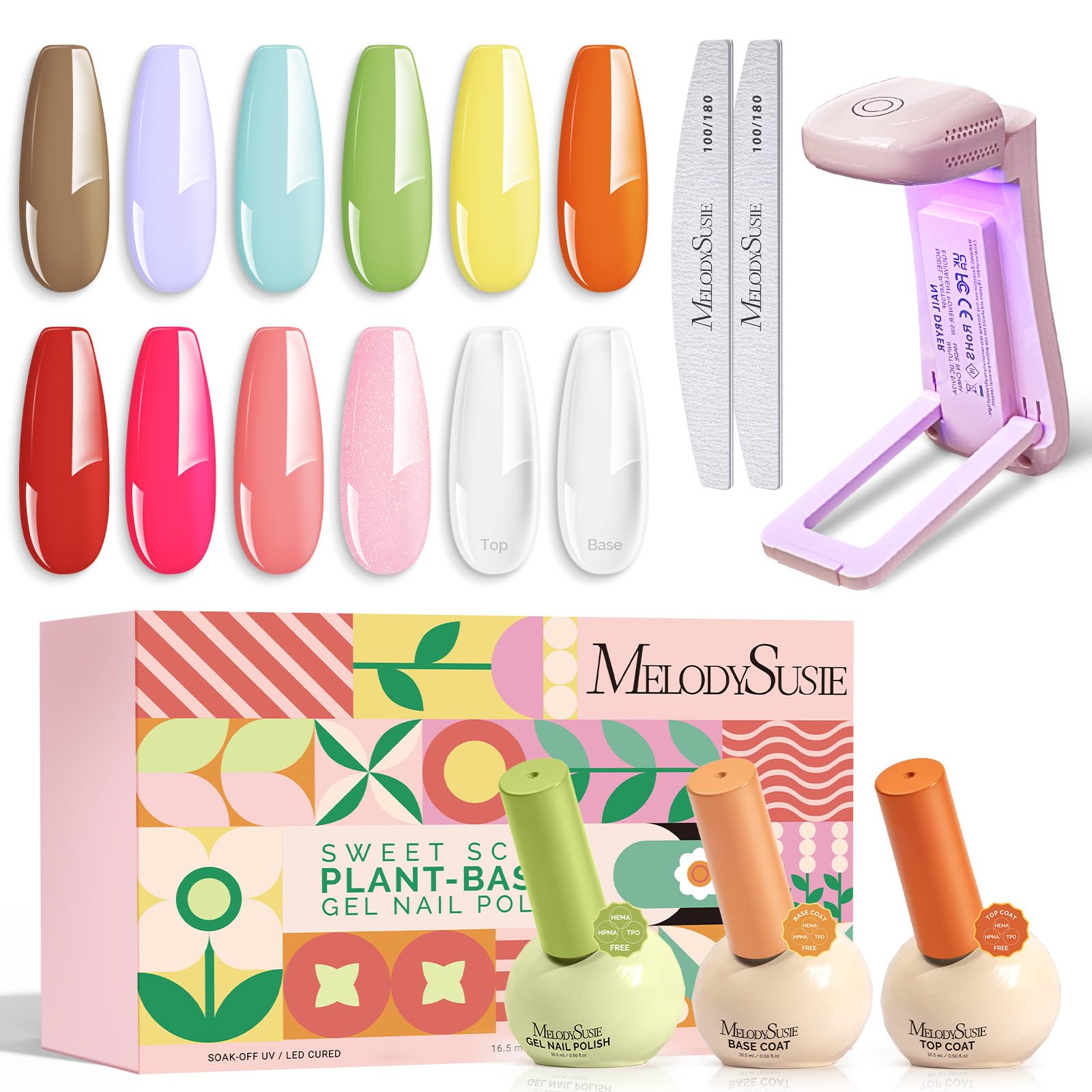 MelodySusie Dopamine Colors Gel Nail Polish Set with Mini UV Light – 10 Pigmented Shades + Top & Base Coats