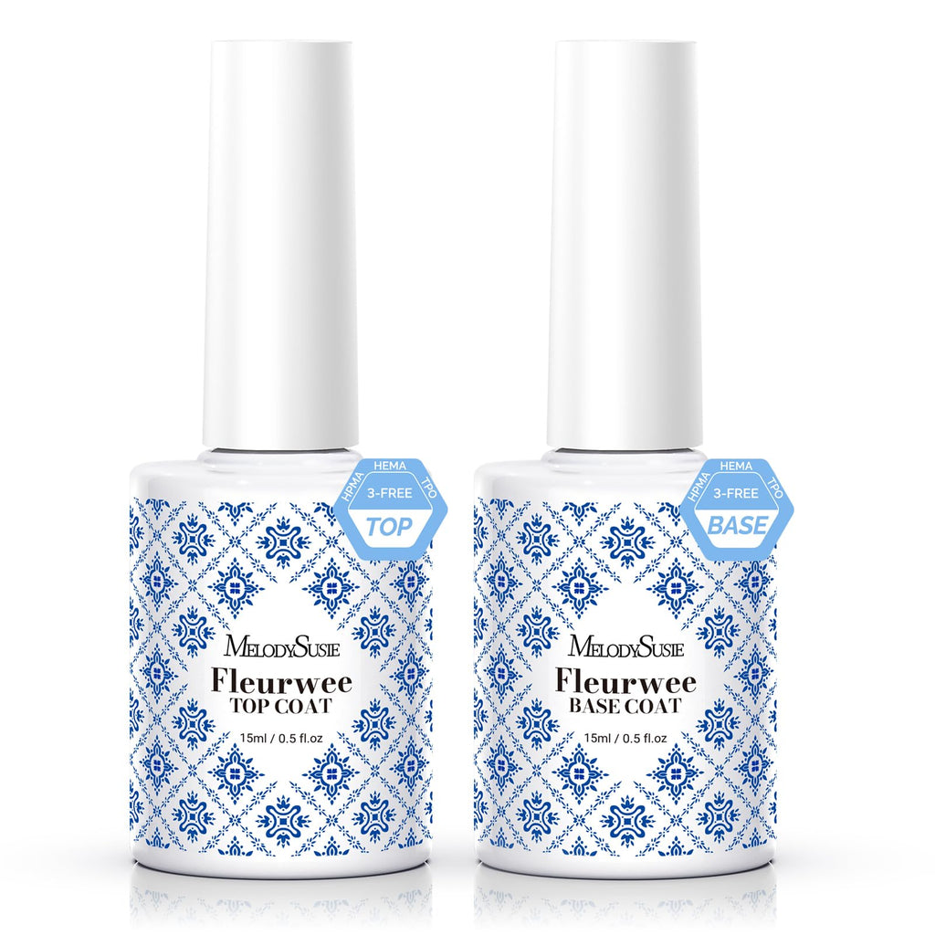 MelodySusie Fleurwee No-Wipe Glossy Top Coat & Base Coat Gel – HEMA-Free, 21-Day Long-Lasting Nail System