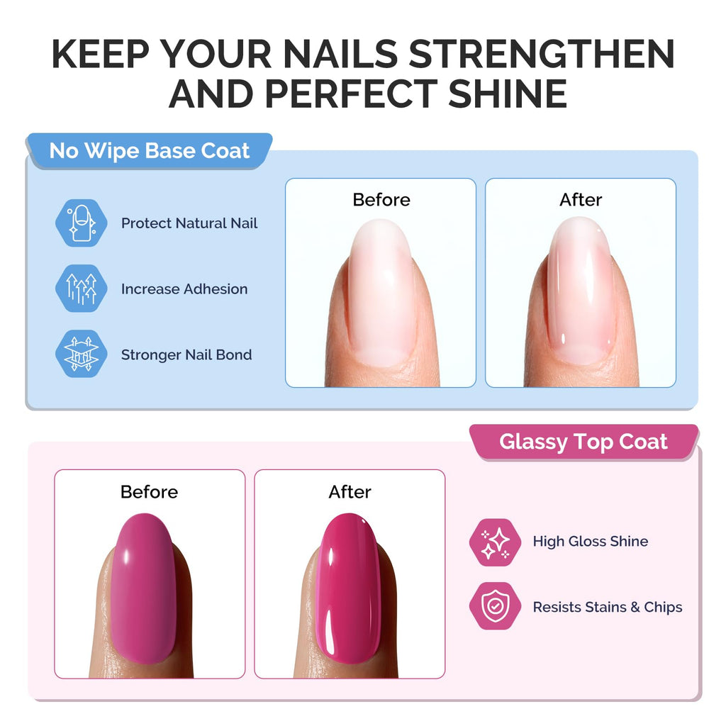 MelodySusie Fleurwee No-Wipe Glossy Top Coat & Base Coat Gel – HEMA-Free, 21-Day Long-Lasting Nail System