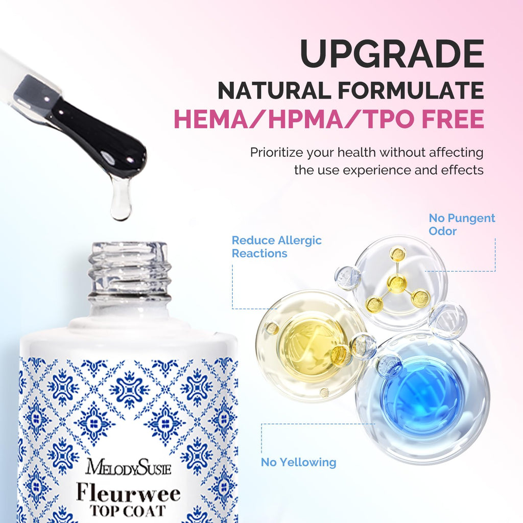 MelodySusie Fleurwee No-Wipe Glossy Top Coat & Base Coat Gel – HEMA-Free, 21-Day Long-Lasting Nail System