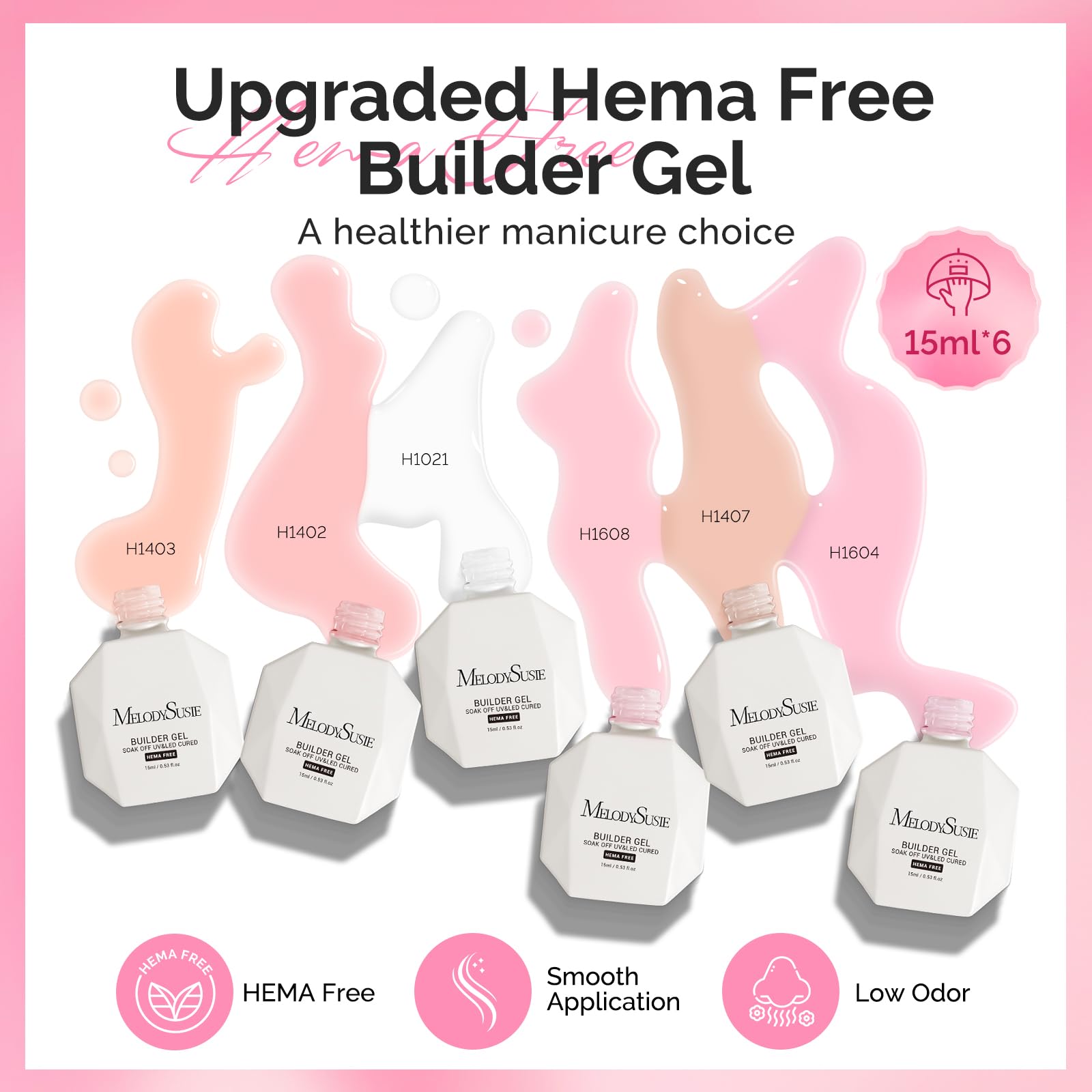 MelodySusie Hema Free Builder Gel Set – 6 Colors for Nail Thickening & Extensions | UV/LED Soak Off Gel