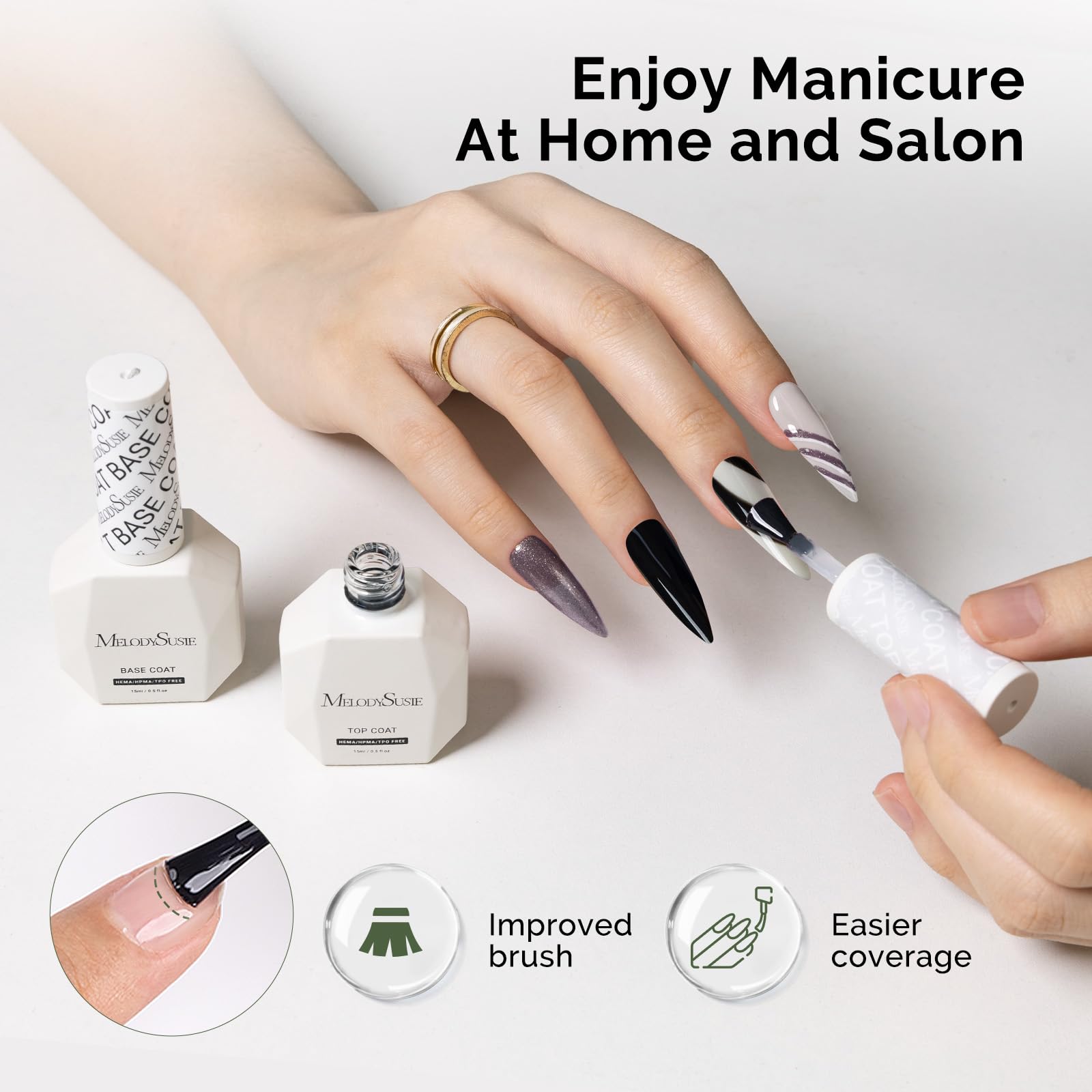 MelodySusie Hema Free Gel Base & Top Coat Set – No-Wipe Glossy Finish, 60-90s Cure, 21 Day Wear