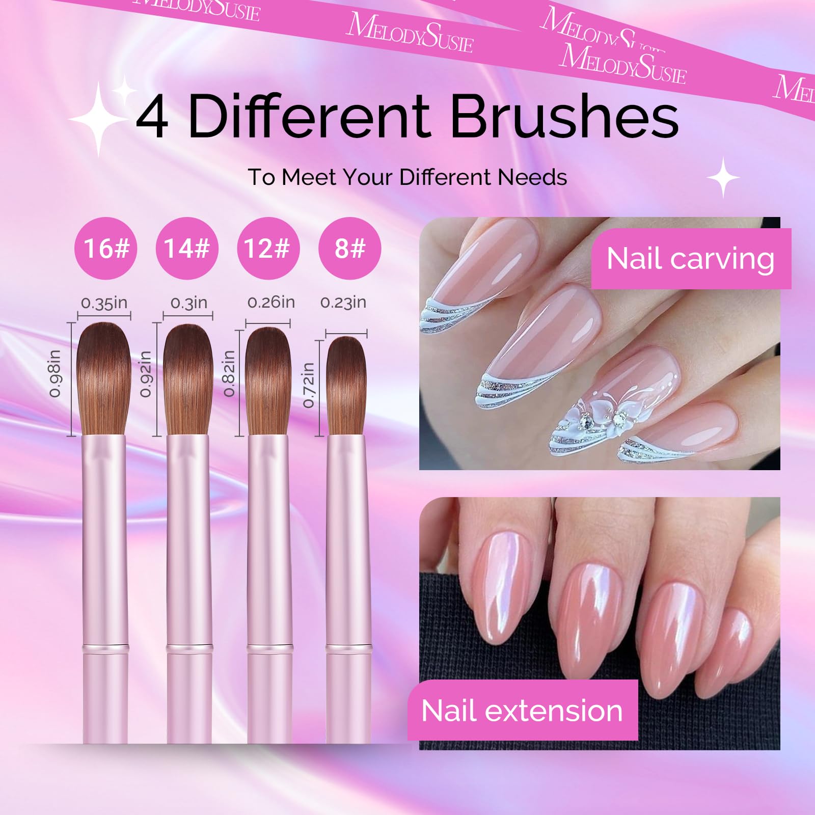 MelodySusie 4Pcs Acrylic Nail Brush Set - 8/12/14/16 Professional Nail Brushes for Extensions & 3D Nail Art