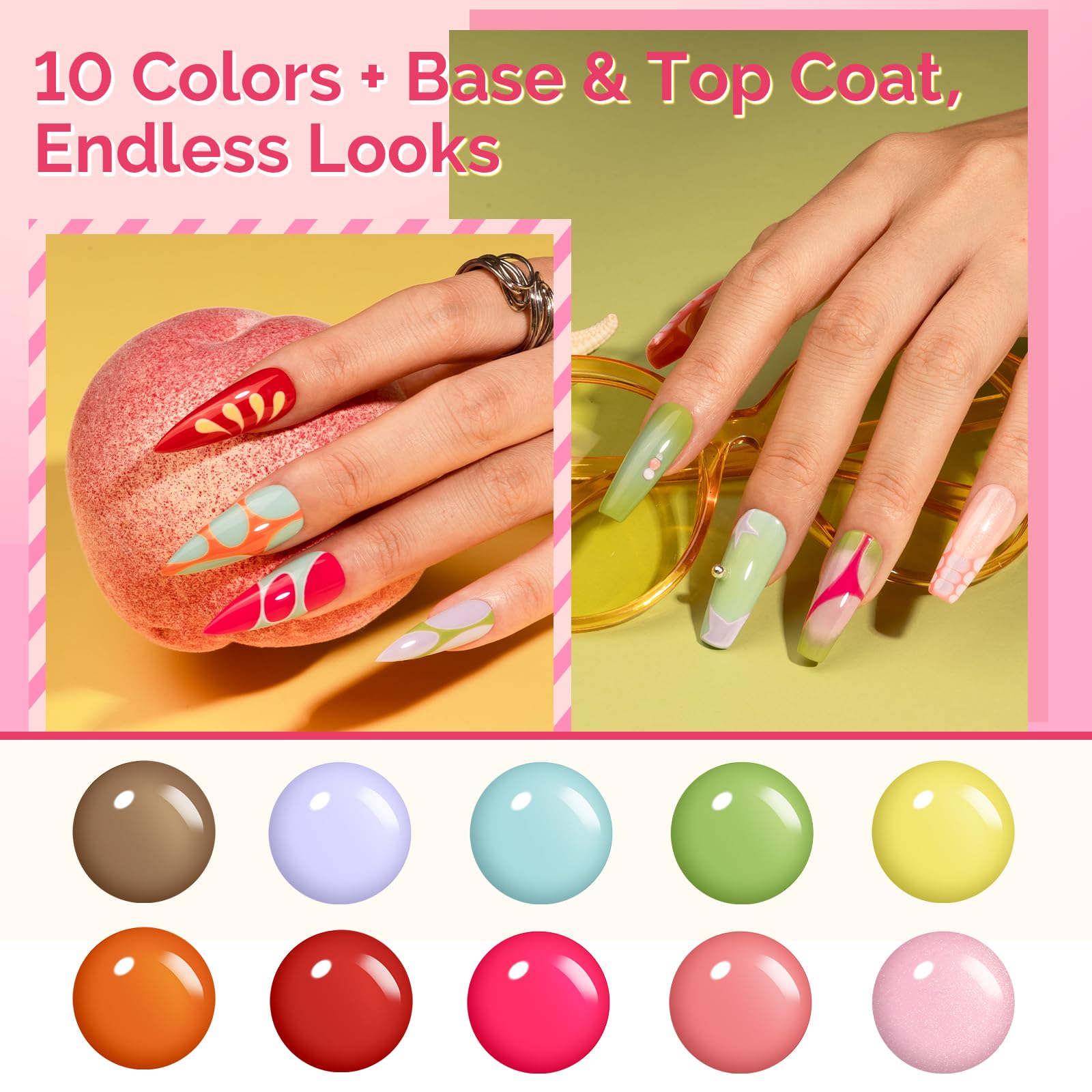 MelodySusie Dopamine Colors Gel Nail Polish Set with Mini UV Light – 10 Pigmented Shades + Top & Base Coats