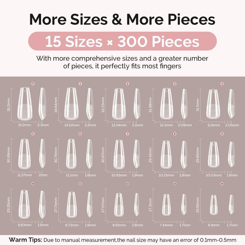 MelodySusie Long Coffin Nail Tips Kit – 300Pcs Pre-Built Apex Full-Cit Cover Nails & 20g Glue
