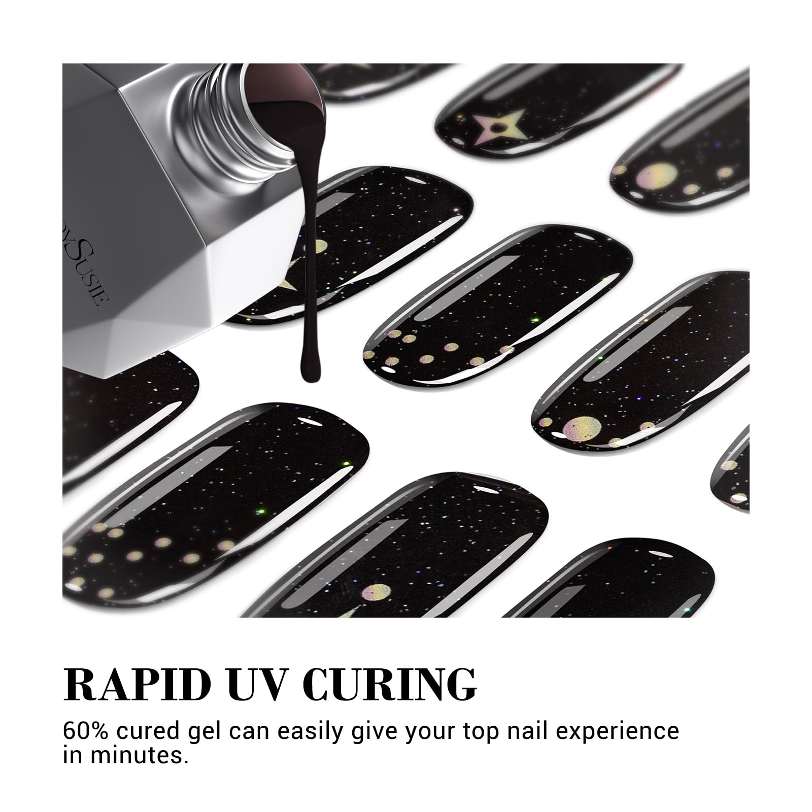 MelodySusie 30Pcs Semi-Cured Gel Nail Strips – Dark Glitter Stars | Easy, Long-Lasting Salon-Quality