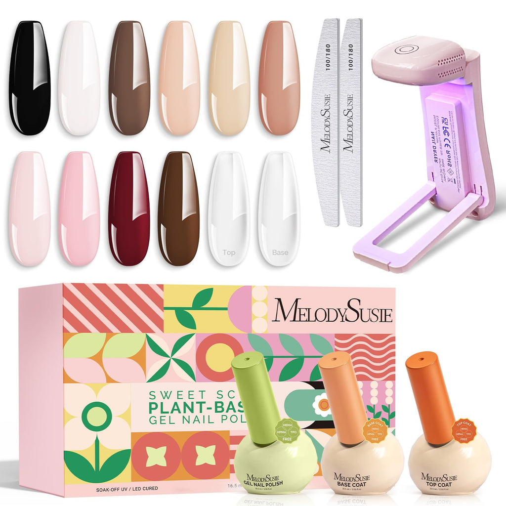 MelodySusie Nude Gel Nail Polish Set with Mini UV Light – 10 Colors + Top/Base Coats