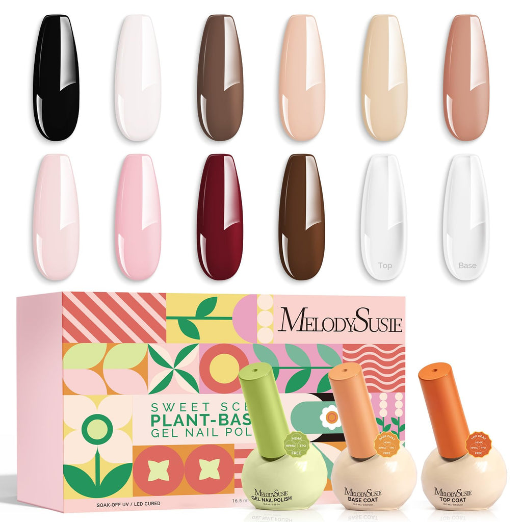 MelodySusie Gel Nail Polish Set – 10 Nude Colors + 2 Top & Base Coats, Plant-Based 3-Free Formula, Tilt‑and‑Stand Bottle, 16.5ml, Gift for At‑Home Nail Art