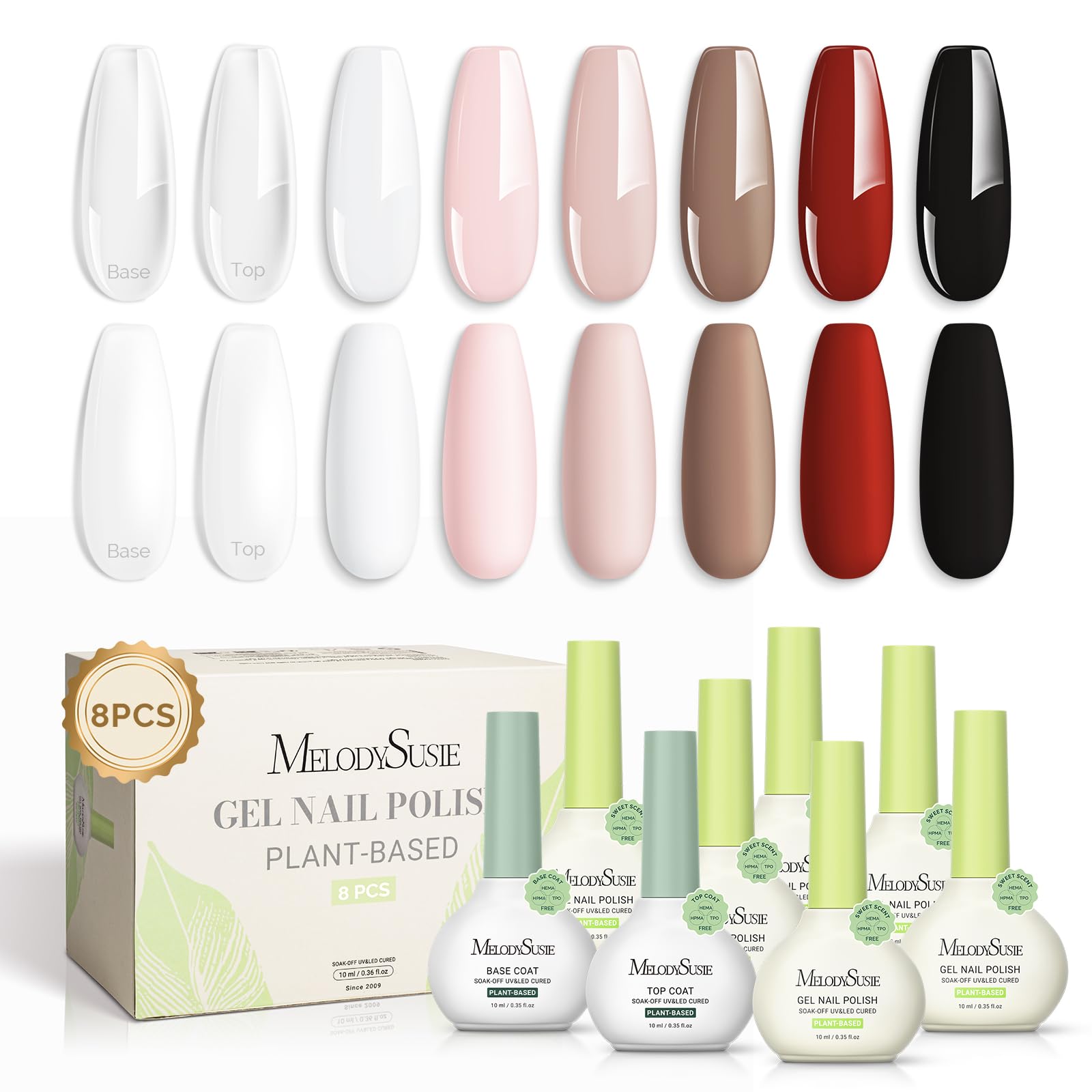 MelodySusie Plant Based Gel Nail Polish Set – 8 Pcs + Top & Base Coat | HEMA-Free, 28+ Day Wear