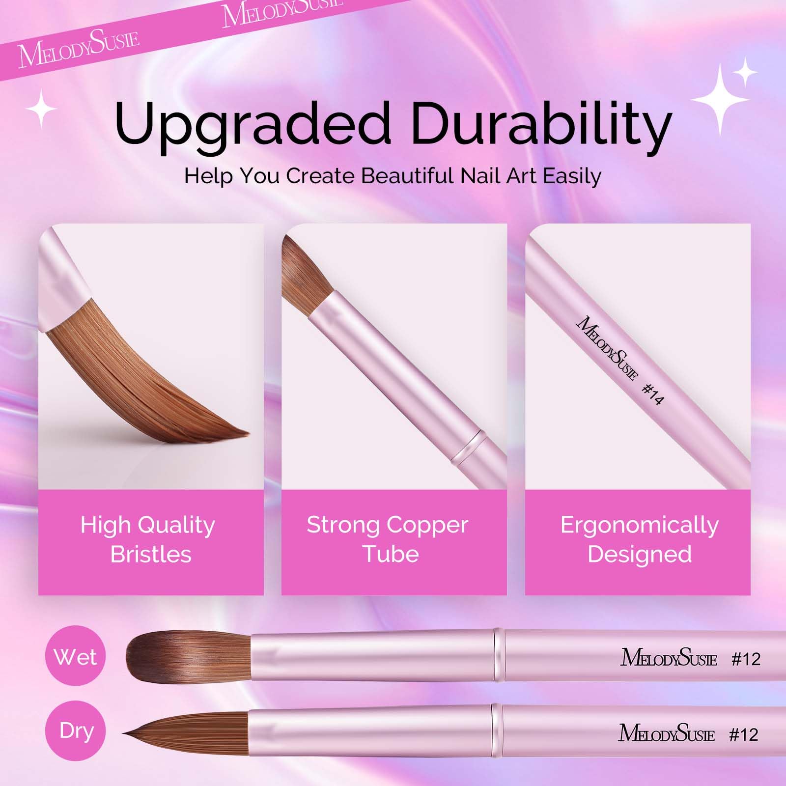MelodySusie 4Pcs Acrylic Nail Brush Set - 8/12/14/16 Professional Nail Brushes for Extensions & 3D Nail Art