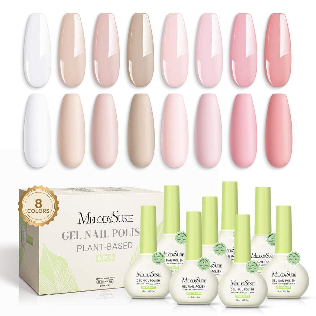 MelodySusie Plant Based Gel Nail Polish Set – Pink & Nude, 8-Piece 10ml, HEMA Free, Soak Off UV/LED, At-Home Manicure