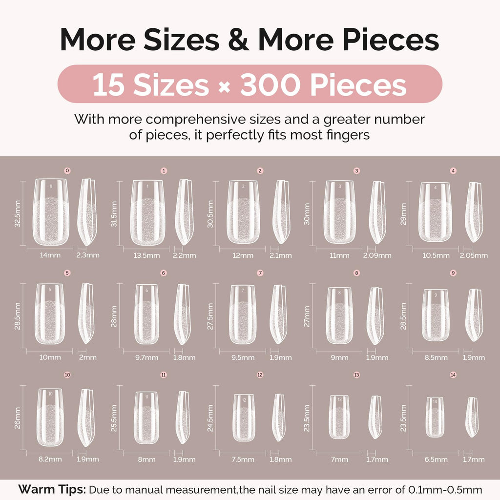 MelodySusie Square Gel Nail Tips Kit – 300Pcs Pre-Built Apex, 15 Sizes, Clear Half-Matte