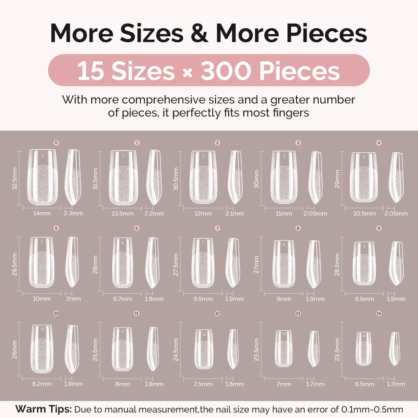 MelodySusie Square Gel Nail Tips Kit – 300Pcs Pre-Built Apex, 15 Sizes, Clear Half-Matte