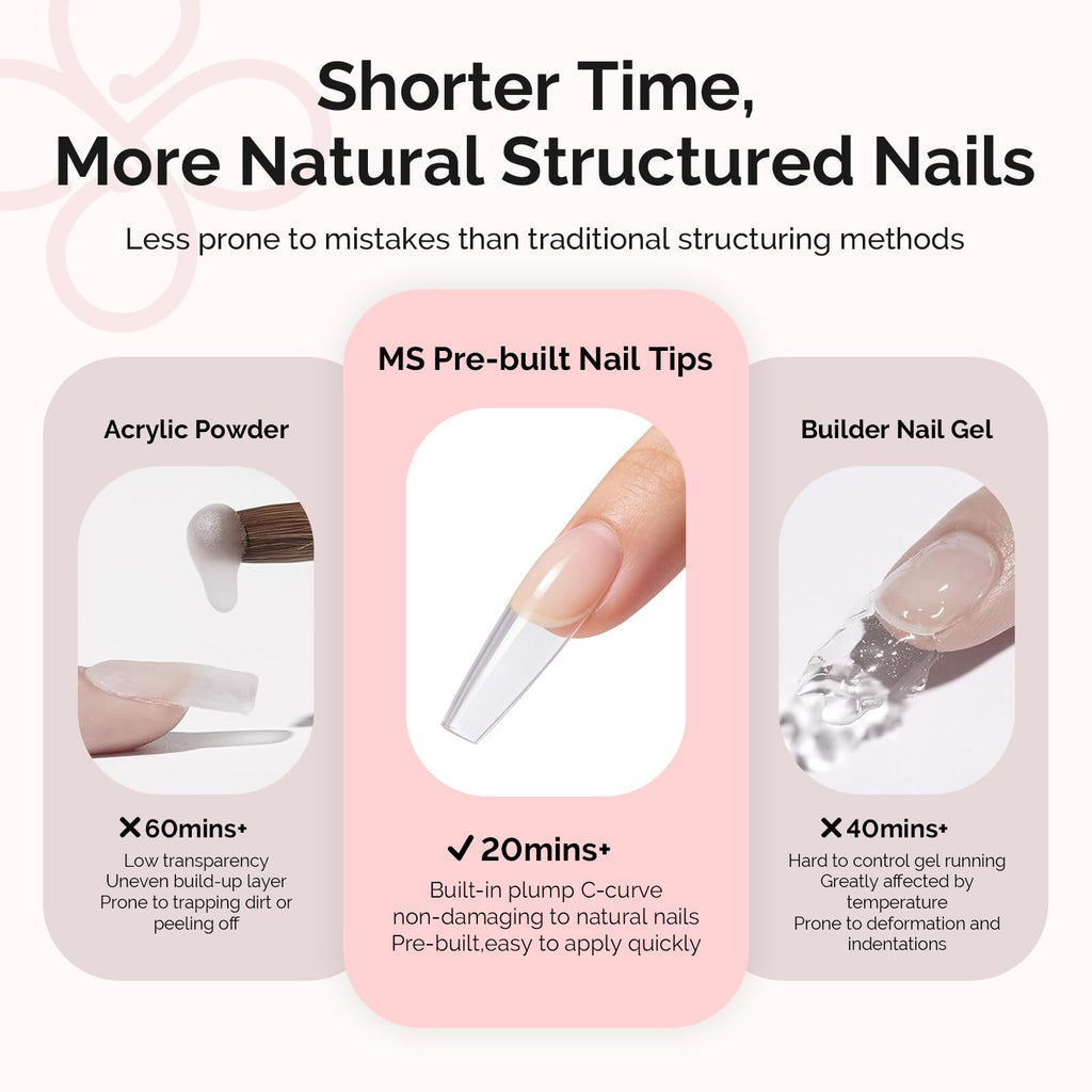 MelodySusie Long Coffin Nail Tips Kit – 300Pcs Pre-Built Apex Full-Cit Cover Nails & 20g Glue