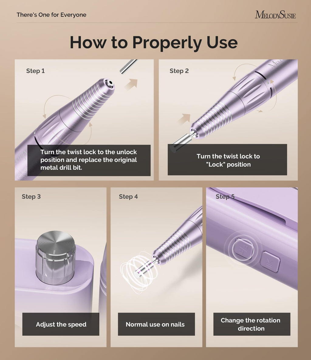 MelodySusie SC300F Clip-On Rechargeable Nail Drill – 30,000 RPM, LCD Display, Training & Home Use (Purple)