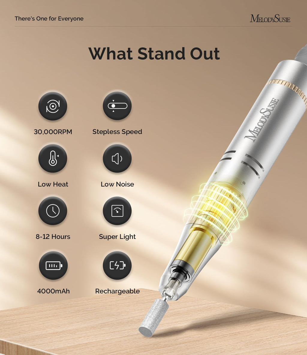 MelodySusie SC320F Clip-On Nail Drill – 30000RPM, Cordless E-File for Home Nail Care