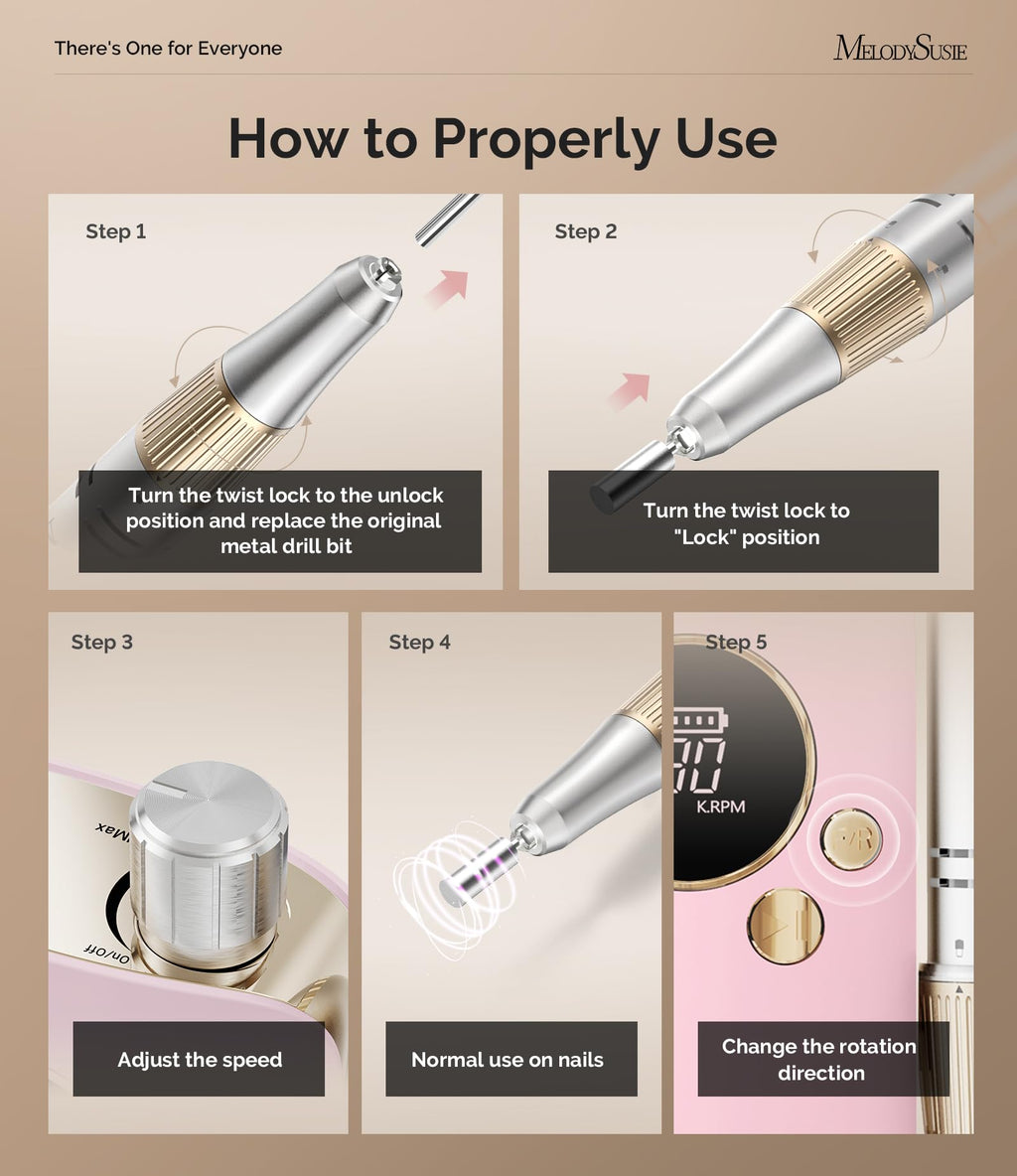 MelodySusie SC320F Clip-On Nail Drill – 30000RPM, Cordless E-File for Home Nail Care