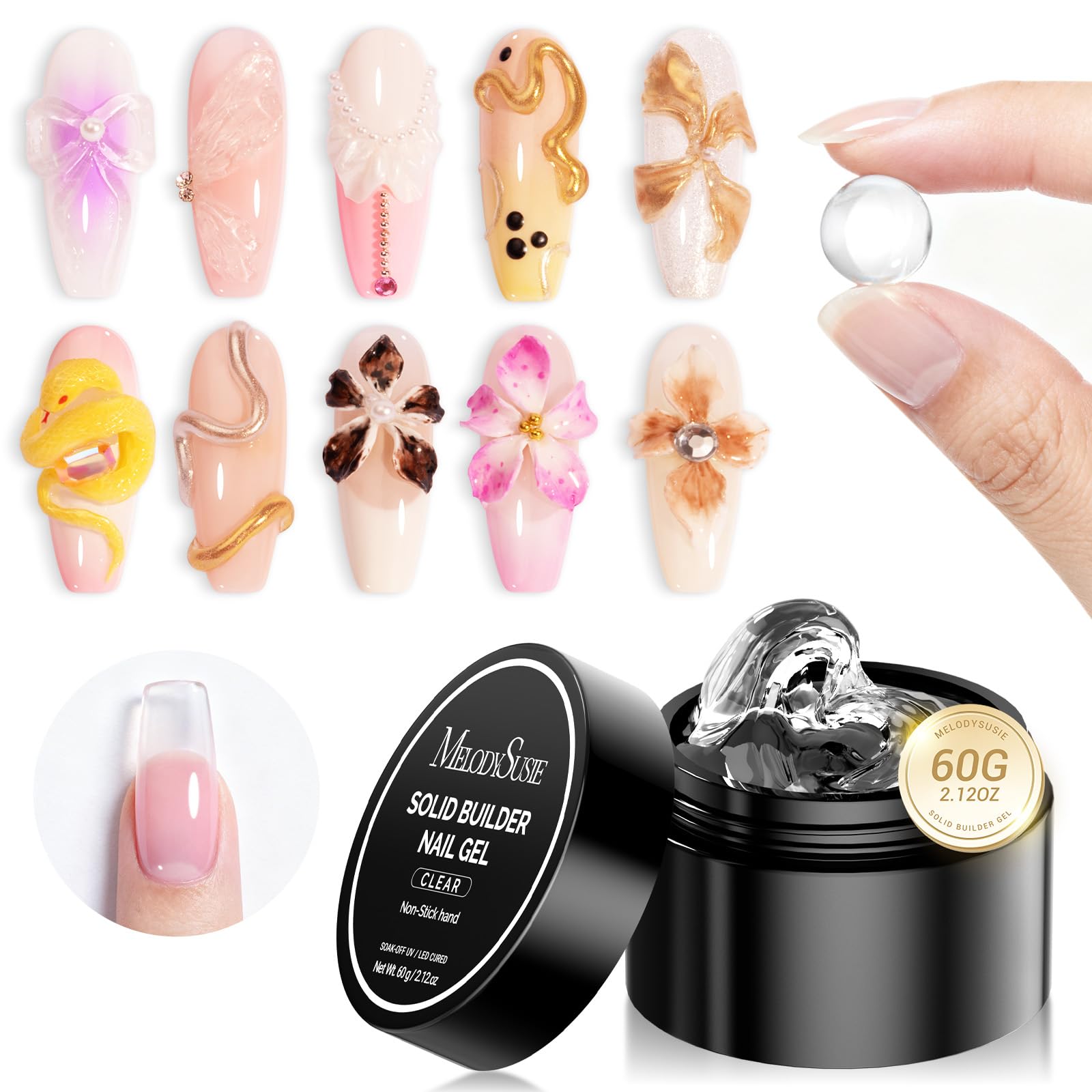 MelodySusie Solid Builder Gel 60g | 4-in-1 Non-Sticky UV Gel for Nail Extensions & 3D Nail Art