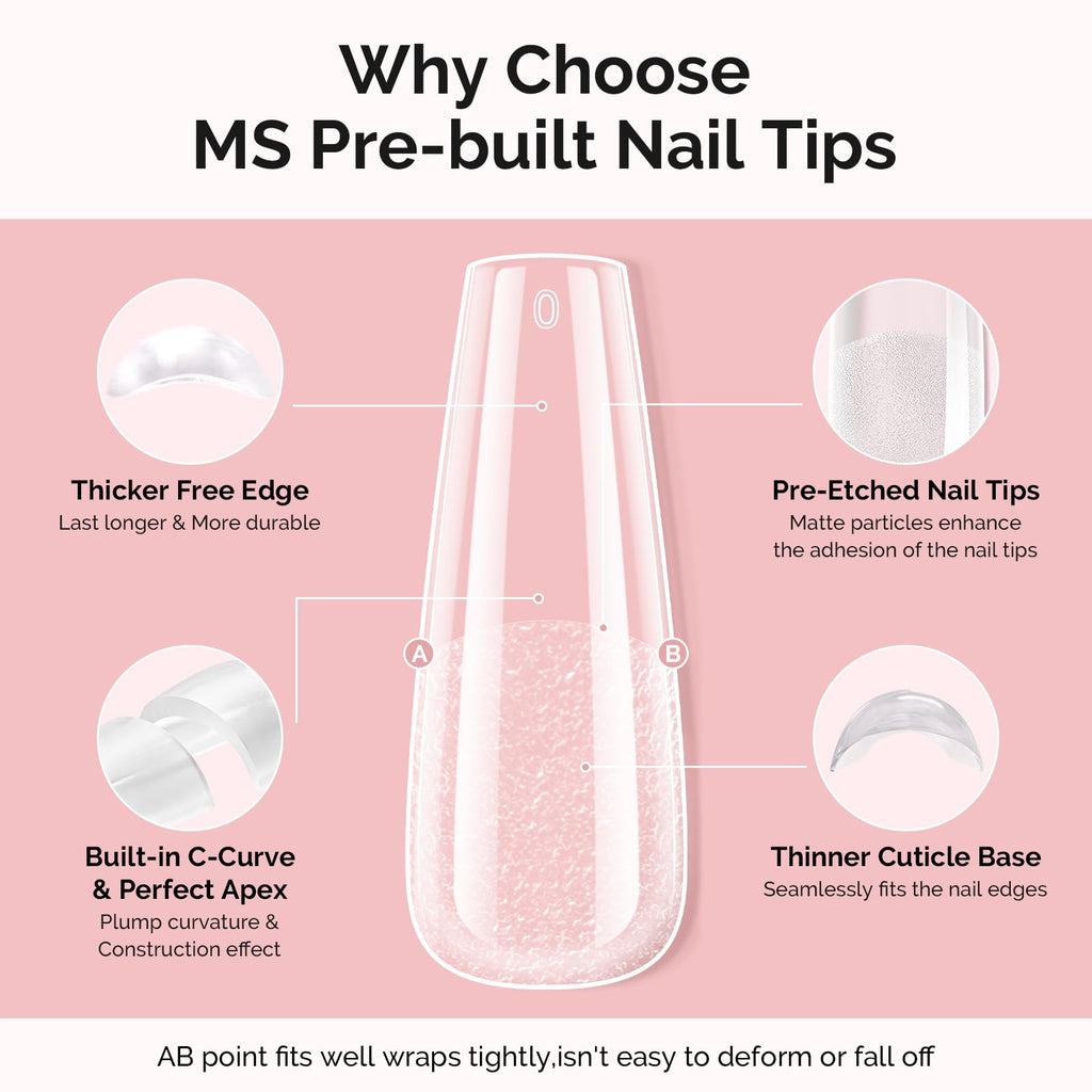 MelodySusie Long Coffin Nail Tips Kit – 300Pcs Pre-Built Apex Full-Cit Cover Nails & 20g Glue