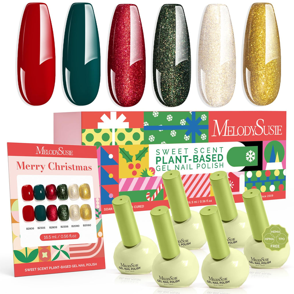 MelodySusie Highly Pigmented Gel Nail Polish Set – 6 Holiday Colors, Tilt-and-Stand Bottle, 3-Free