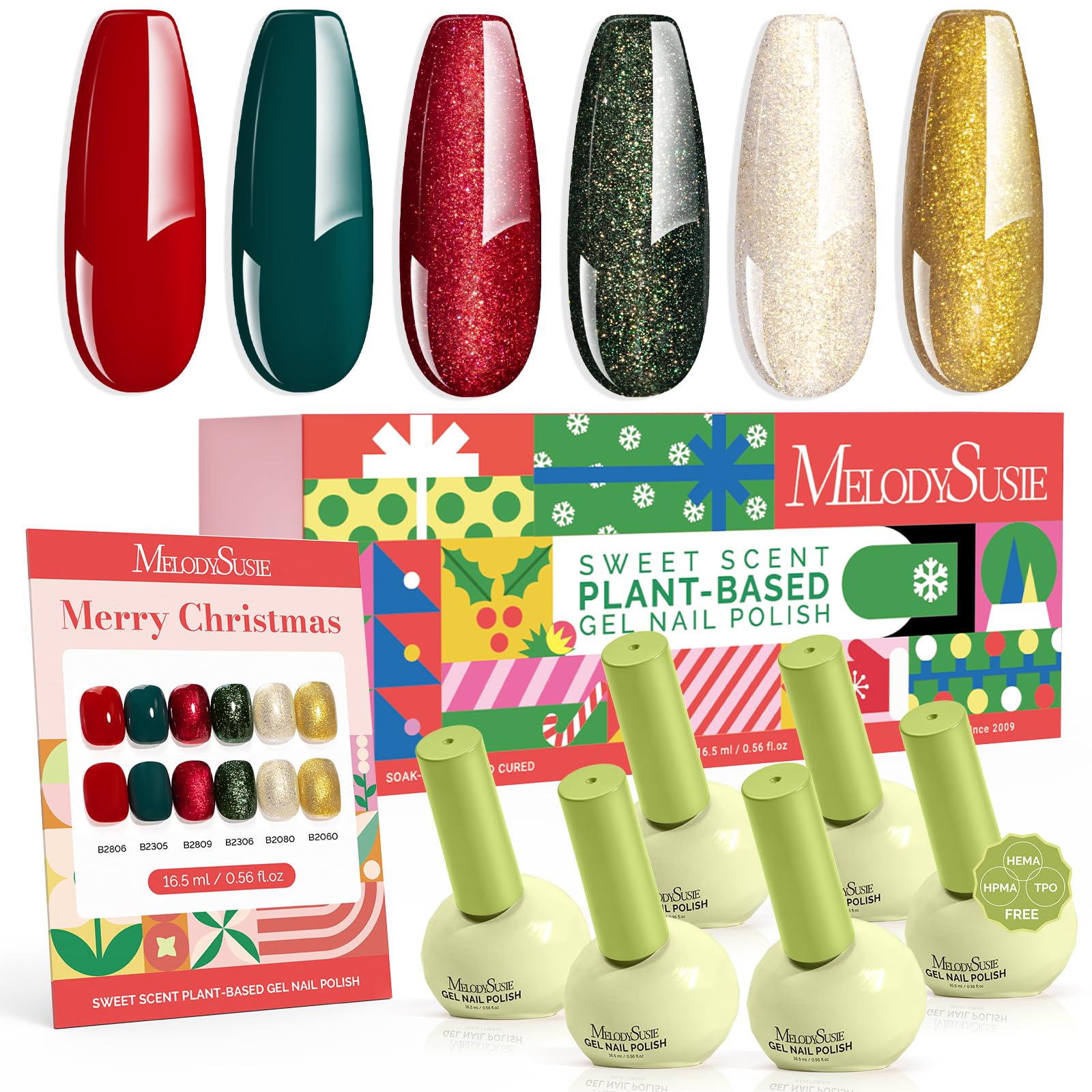 MelodySusie Highly Pigmented Gel Nail Polish Set – 6 Holiday Colors, Tilt-and-Stand Bottle, 3-Free