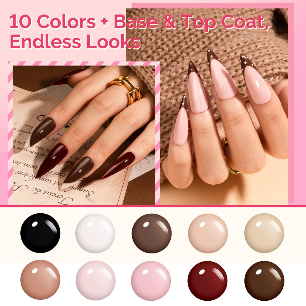 MelodySusie Gel Nail Polish Set – 10 Nude Colors + 2 Top & Base Coats, Plant-Based 3-Free Formula, Tilt‑and‑Stand Bottle, 16.5ml, Gift for At‑Home Nail Art