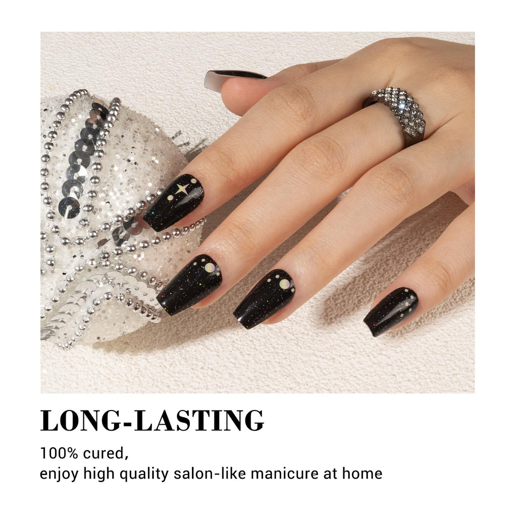 MelodySusie 30Pcs Semi-Cured Gel Nail Strips – Dark Glitter Stars | Easy, Long-Lasting Salon-Quality