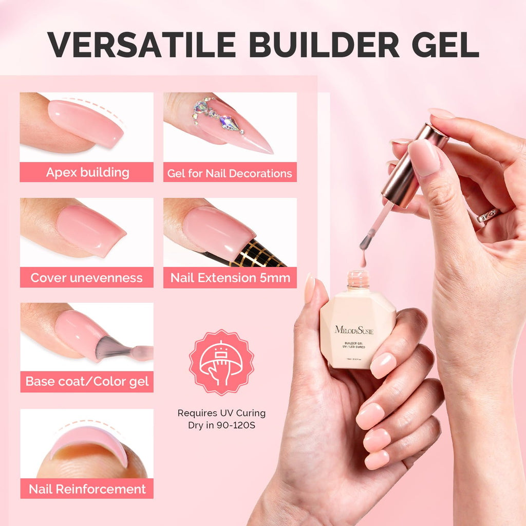 MelodySusie 3PCS 15ml Pink & Nude Builder Gel Set – Thickening Base Gel, Rhinestone Glue, UV/LED Cure for DIY Manicure