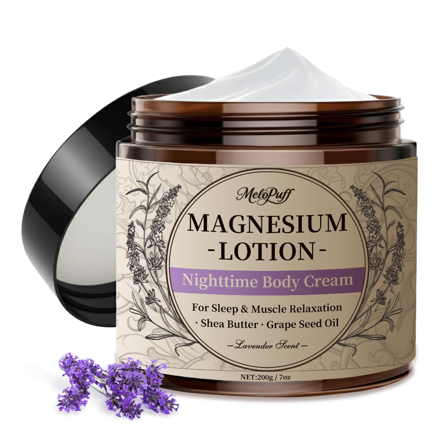 Melopuff Magnesium Lotion for Sleep & Muscle Relaxation – Non-Greasy Nighttime Body Cream, Lavender, 7oz