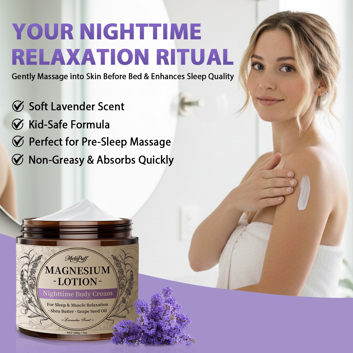 Melopuff Magnesium Lotion for Sleep & Muscle Relaxation – Non-Greasy Nighttime Body Cream, Lavender, 7oz