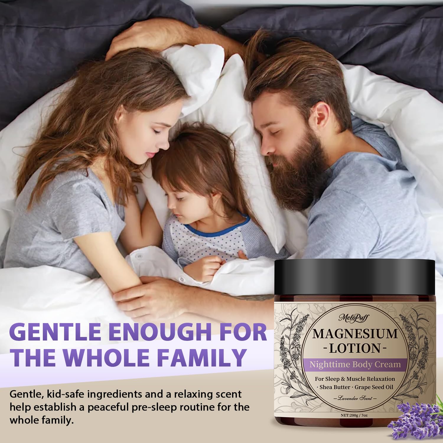 Melopuff Magnesium Lotion for Sleep & Muscle Relaxation – Non-Greasy Nighttime Body Cream, Lavender, 7oz