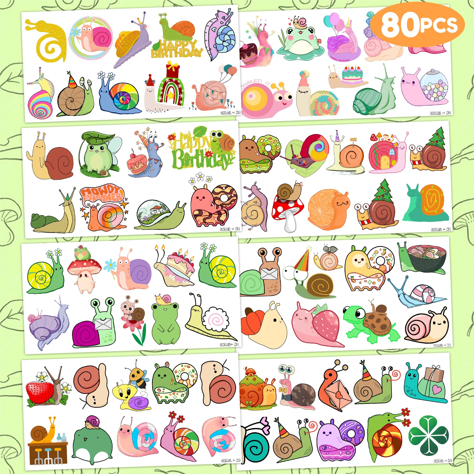 MeoIsDaBest Cute Snail Temporary Tattoos — 8 Sheets, 81 PCS for Party Decor & Favors