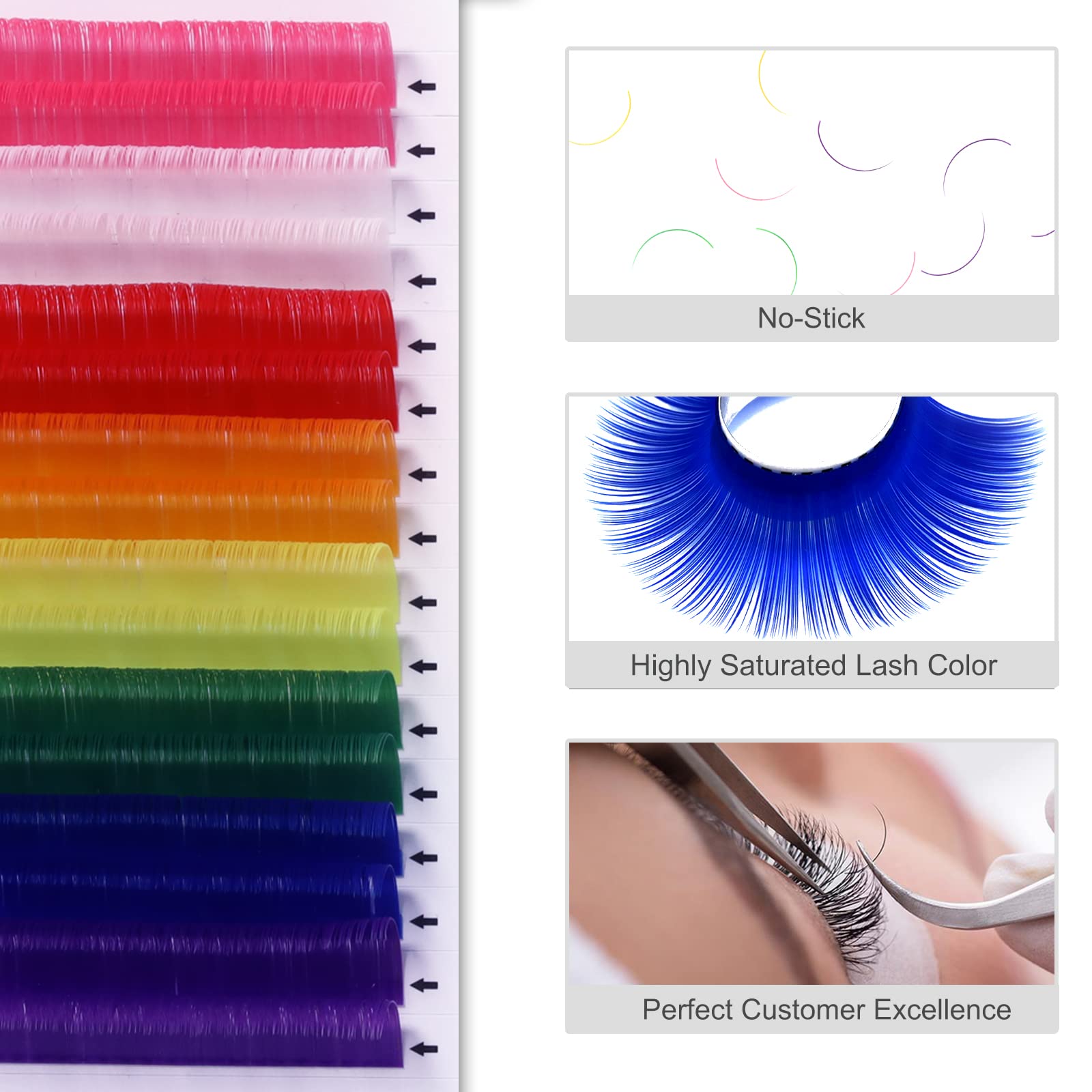 MERETON 16 Rows Colored Lash Extensions – 0.07mm D Curl, 14mm Multicolor Set