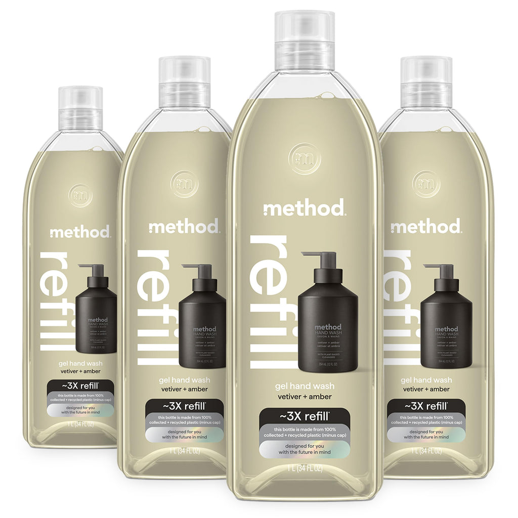 Method Premium Gel Hand Wash Refill — Vetiver + Amber, 4 x 28oz Refills, Recyclable Bottles