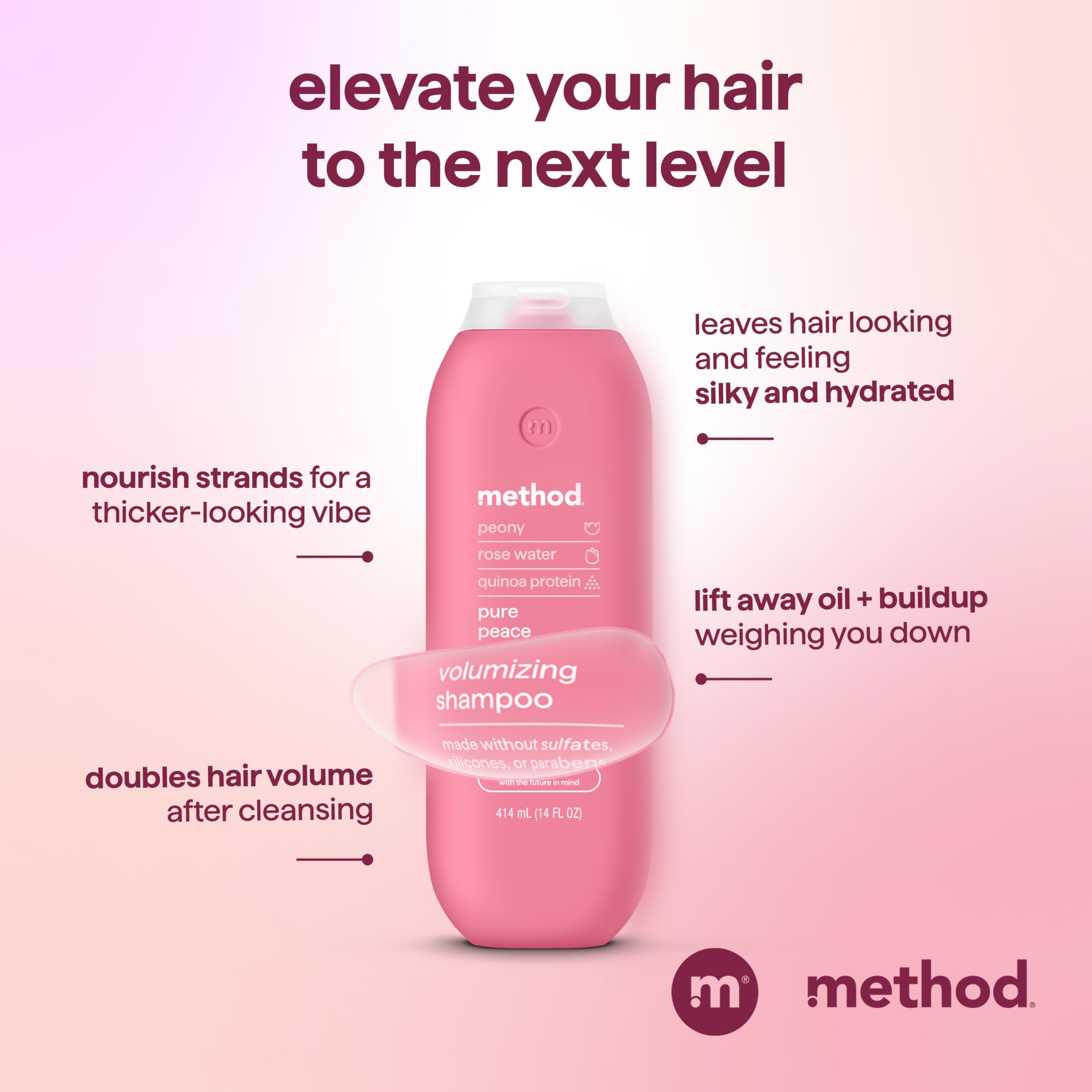 Method Pure Peace Volumizing Shampoo – Thicker, Fuller Hair, Sulfate-Free & Color Safe (14 oz x3)
