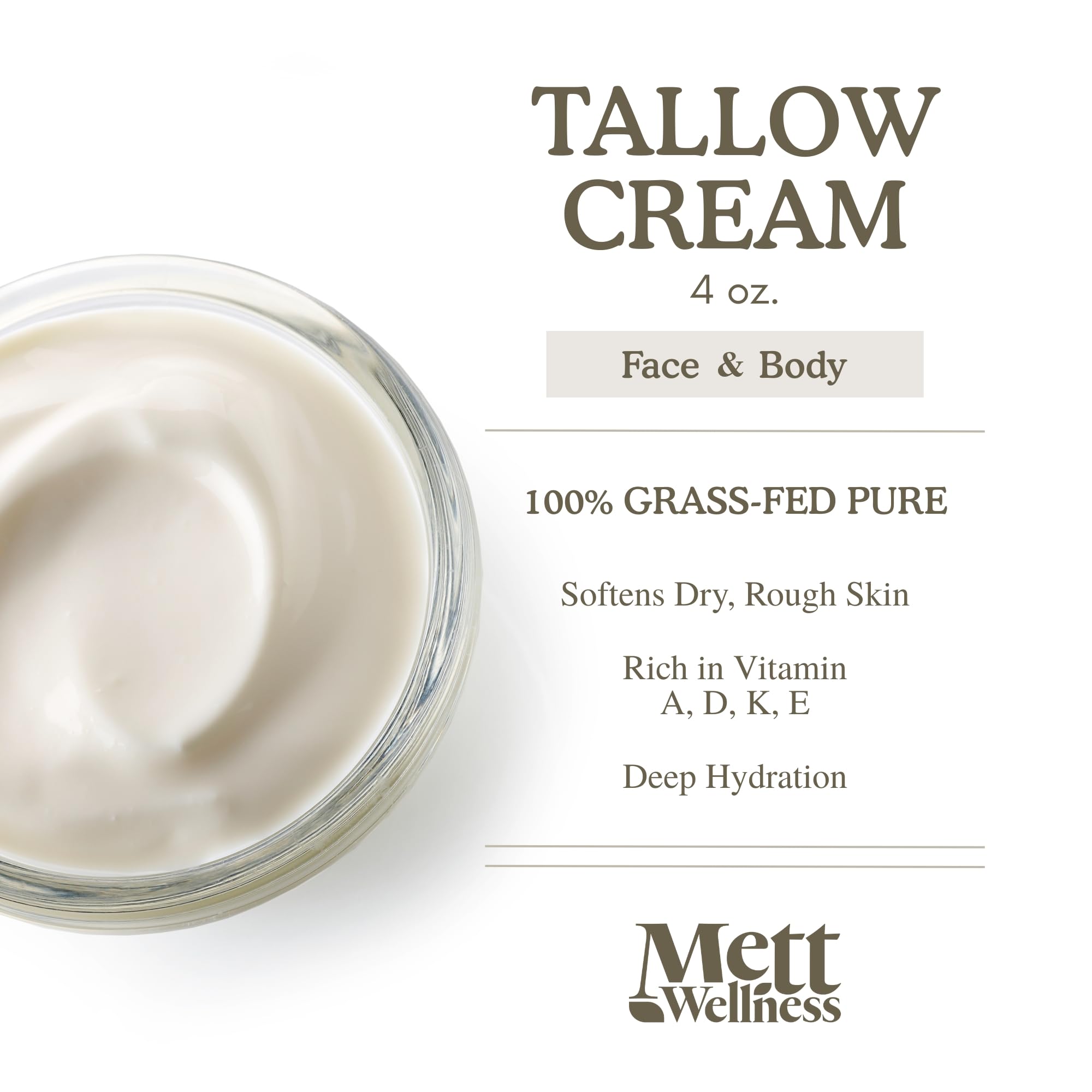 Mett Wellness Whipped Tallow Cream | Fragrance-Free 4oz Moisturizer for Face & Body