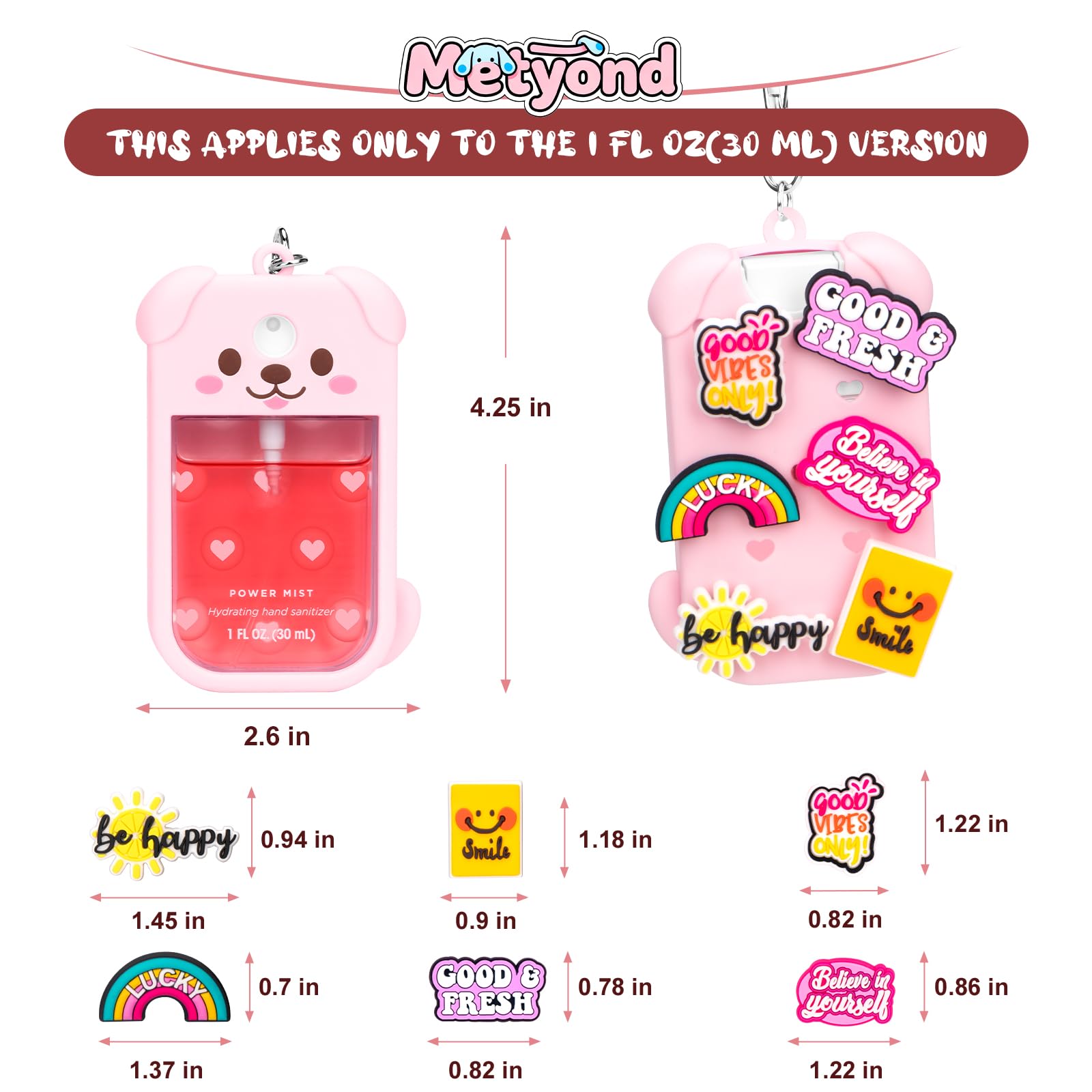 Metyond Dog Silicone Case for Touchland 1 oz Spray – Pink with Keychain & Charms
