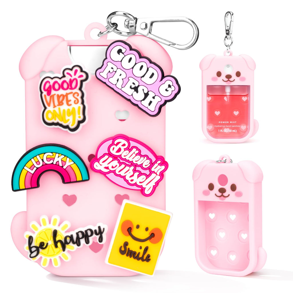Metyond Dog Silicone Case for Touchland 1 oz Spray – Pink with Keychain & Charms